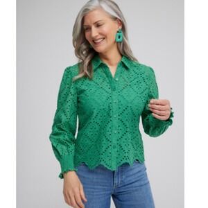 Chico's 3 Green Eyelet Scallop Hem Blouse Twisted Ivy Button Up Casual‎ Chic 16